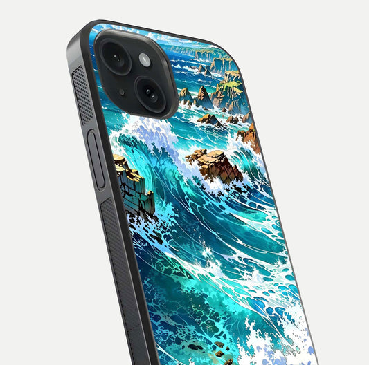 Coastal Blue Waves Glass Case for iPhone 15 close-up highlighting wave texture and blue shine