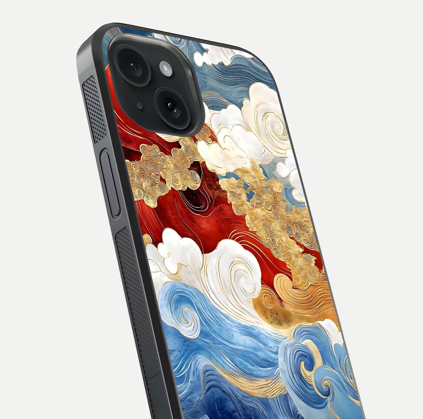 Colored Waves Glass Case for iPhone 15 close-up angled shot highlighting gradient flow and light reflection
