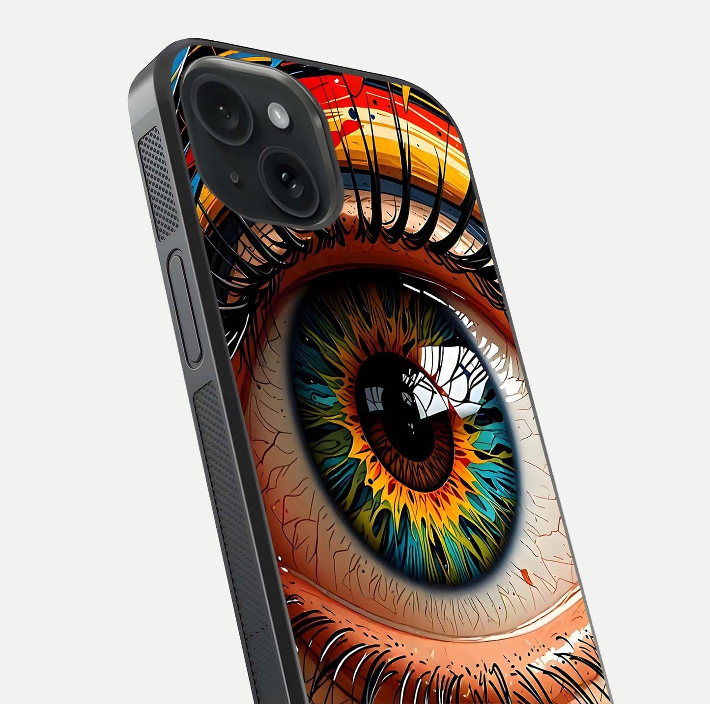 Colorful Eye Glass Case for iPhone 15 close-up highlighting eye pattern detail and reflection shine