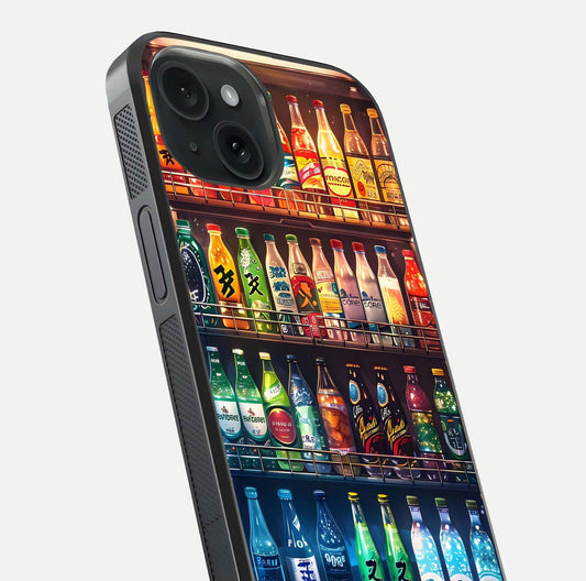 Colorful Soda Bottles Glass Case for iPhone 15 close-up showing colorful bottles and HD reflection