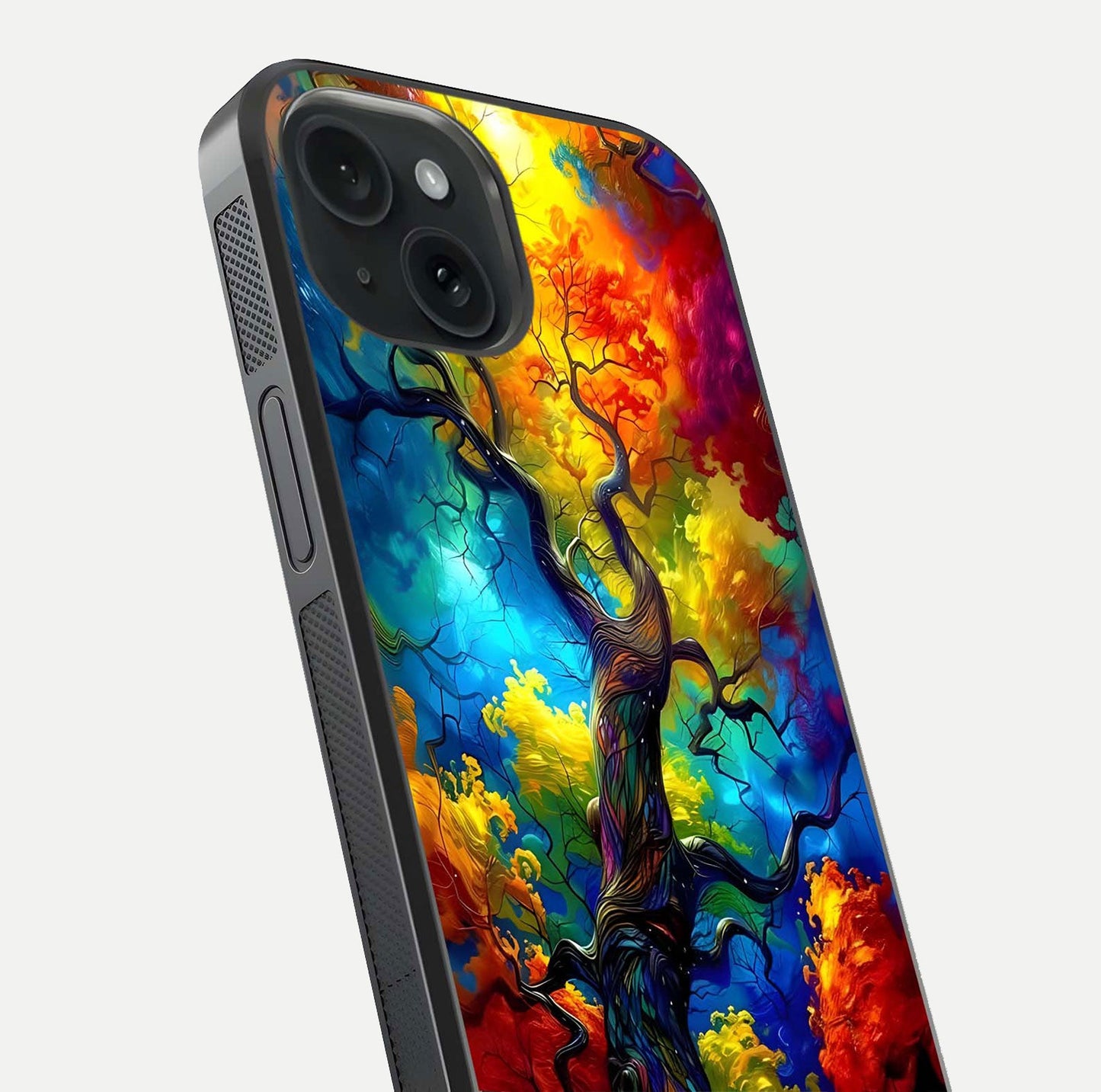 Colorful Tree Glass Case for iPhone 15 close-up highlighting leaf detail, gradient colors, and shine