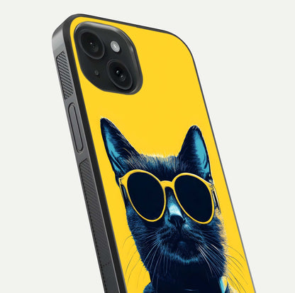 Cool Cat Vibes iPhone 15  glass phone case angled back view highlighting cat artwork and textured side grip