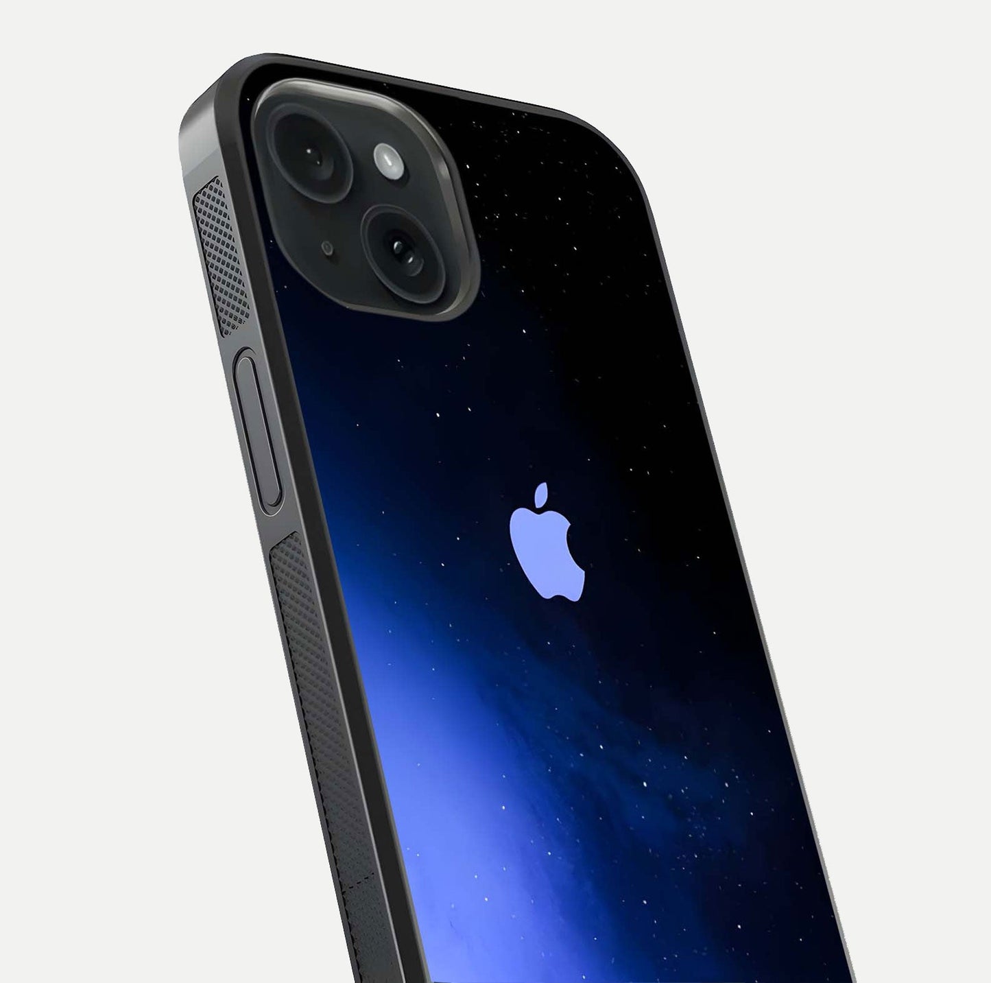 Cosmic Blue Apple Glass Case for iPhone 15 close-up highlighting galaxy pattern, shine, and reflection detail