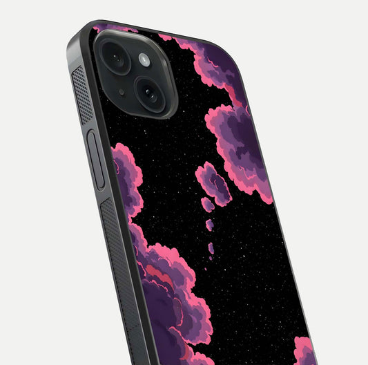 Cosmic Cloud Journey Glass Case for iPhone 15 close-up highlighting star clusters and reflection texture