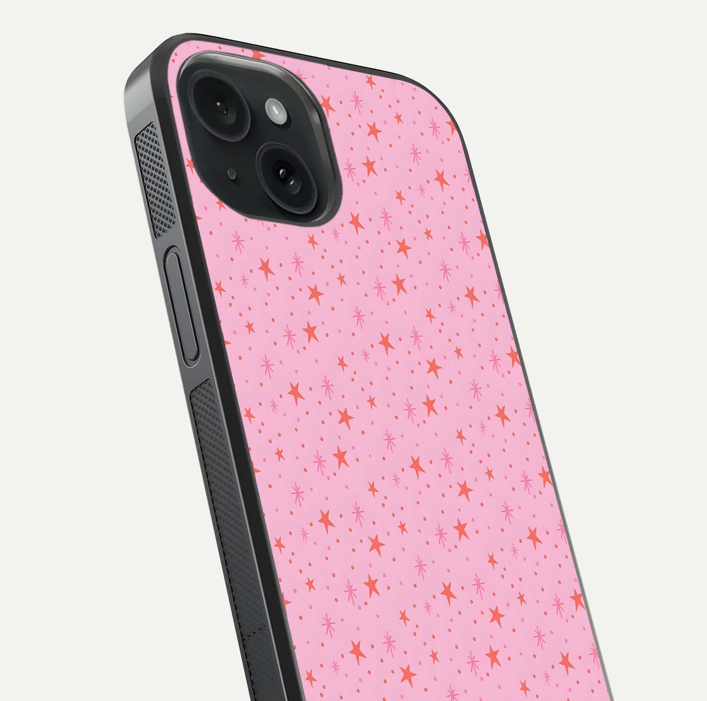 Cosmic Pink Sparkle iPhone 15  glass phone case angled back view highlighting sparkling galaxy design and textured side grip