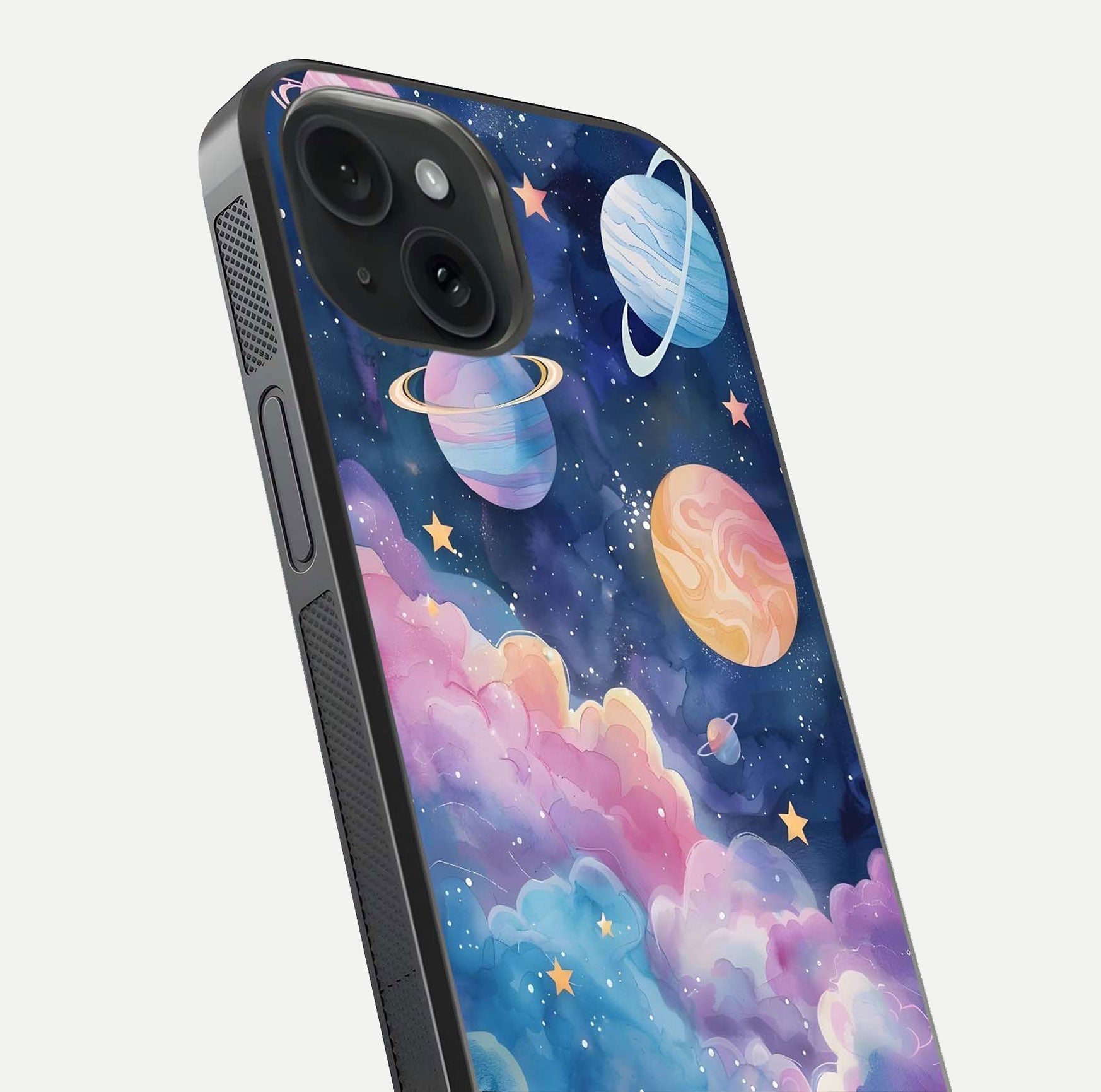 Cosmic Planet Dreams Glass Case for iPhone 15 close-up highlighting planetary details and reflection glow