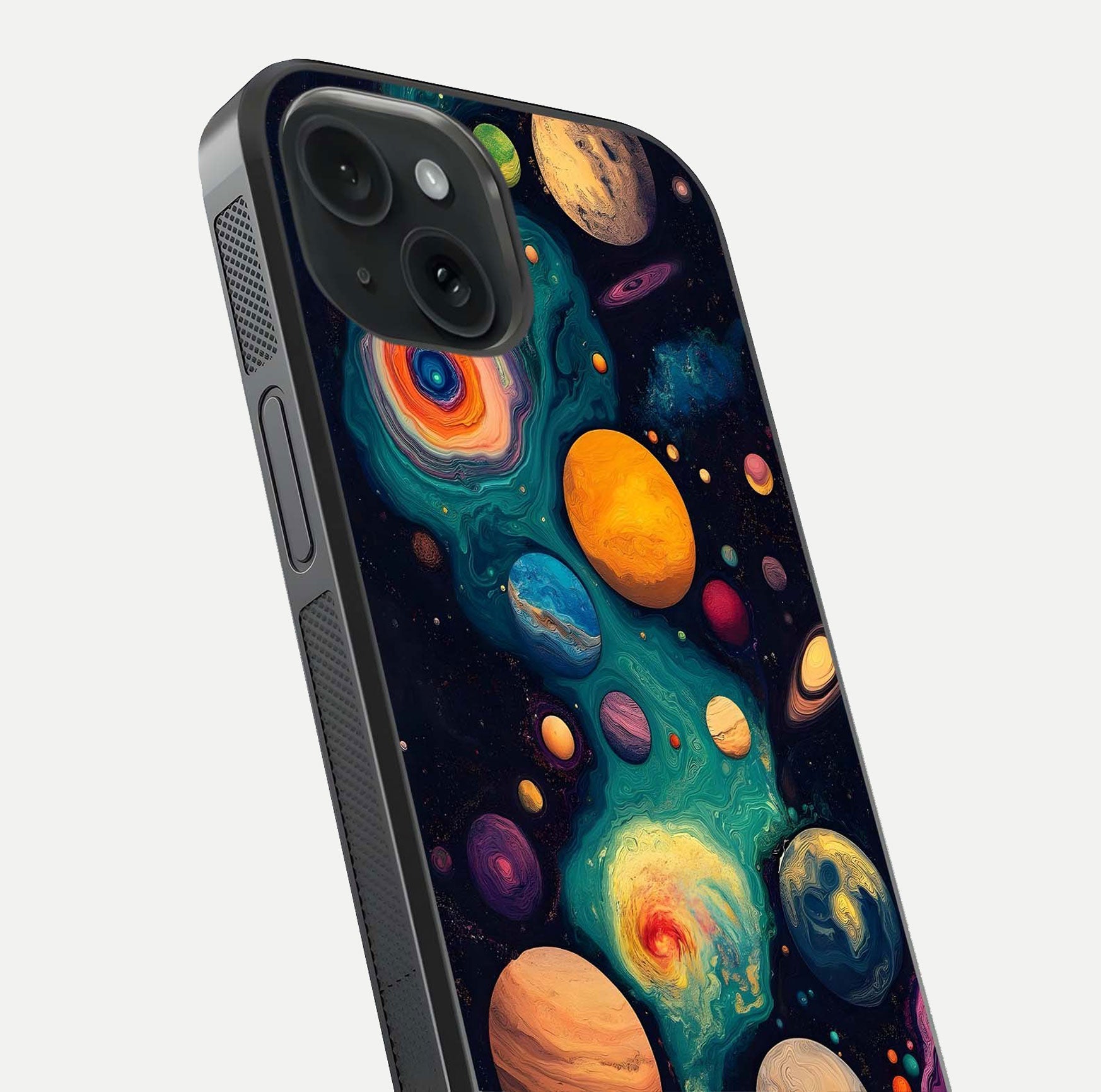 Cosmic Planet Journey Glass Case for iPhone 15 close-up highlighting planets, stars, and shine reflection