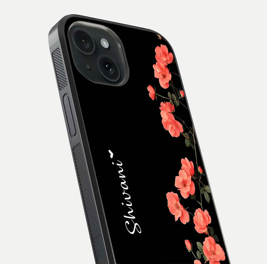 Crimson Bloom Grace Custom Name Glass Case for iPhone 15 close-up highlighting flower pattern and reflection texture