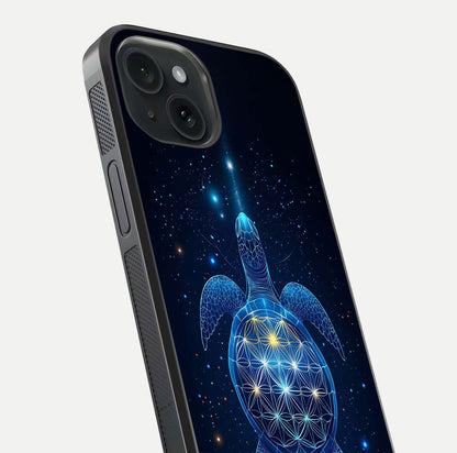 Crimson Blue Turtle Glass Case for iPhone 15 close-up highlighting turtle shell detail and shine reflection