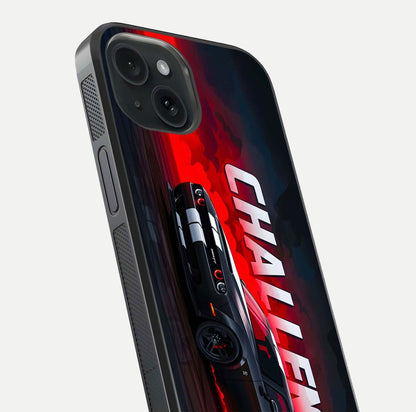 Crimson Challenger Fury Glass Case for iPhone 15 close-up highlighting car details and reflection depth