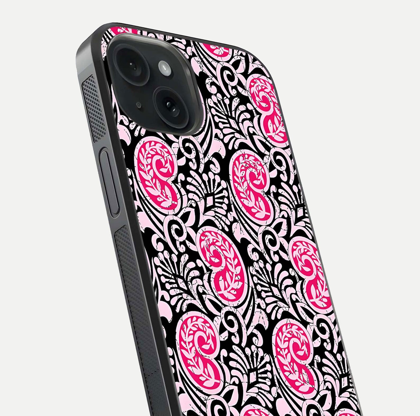 Crimson Paisley Charm Glass Case for iPhone 15 close-up highlighting fine pattern detail and reflection tone