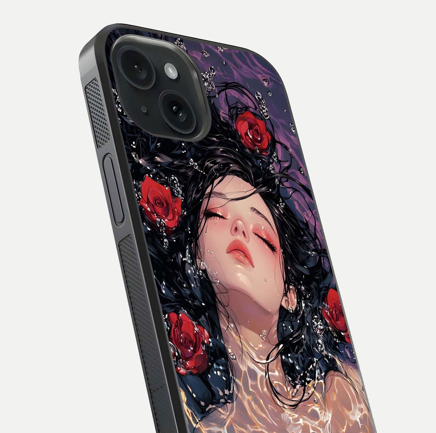Crimson Rose Serenity Glass Case for iPhone 15 close-up highlighting rose gradient and reflection detail