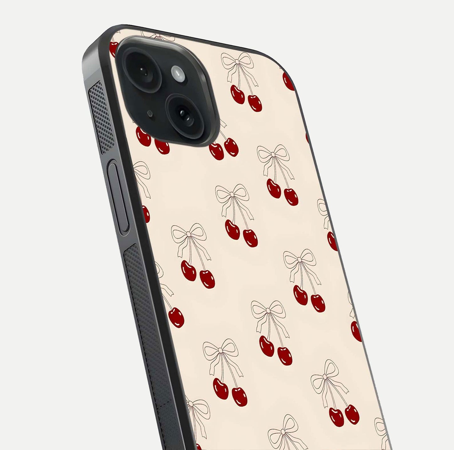 Cute Cherry Pattern Glass Case for iPhone 15 close-up showing cherry cluster details and light reflection