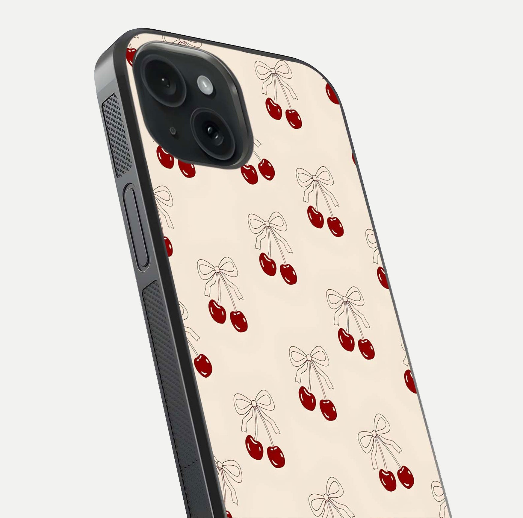 Cute Cherry Pattern Glass Case for iPhone 15 close-up showing cherry cluster details and light reflection