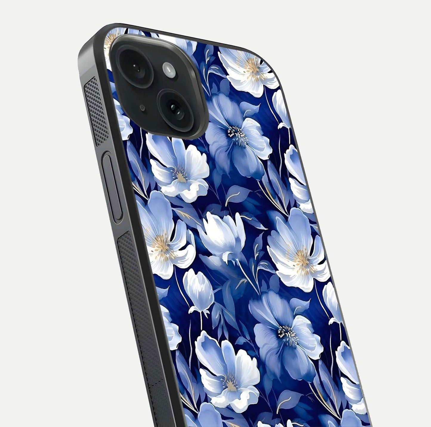 Cute Floral Patterns Glass Case for iPhone 15 close-up highlighting flowers and gloss reflection
