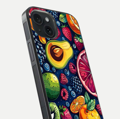Cute Fruits Art Glass Case for iPhone 15 close-up highlighting fruit shapes, color tones, and reflection polish