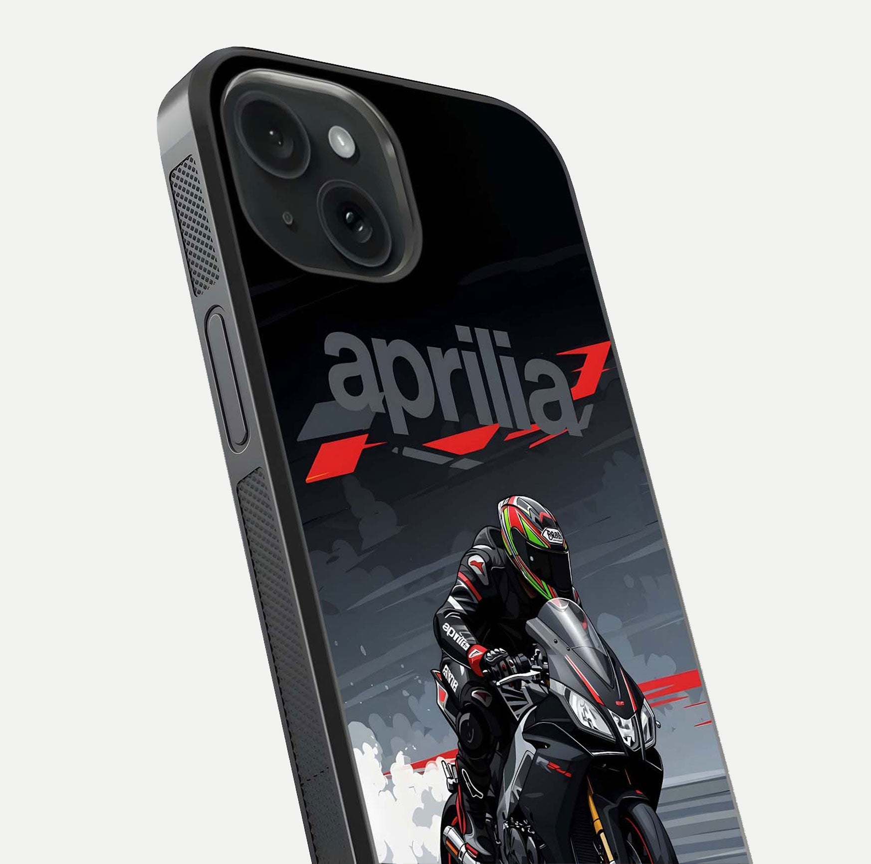 Dark Aprilla Glass Case for iPhone 15 close-up highlighting detailing and reflection effect