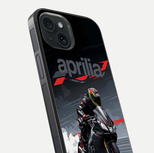 Dark Aprilla Glass Case for iPhone 15 close-up highlighting detailing and reflection effect