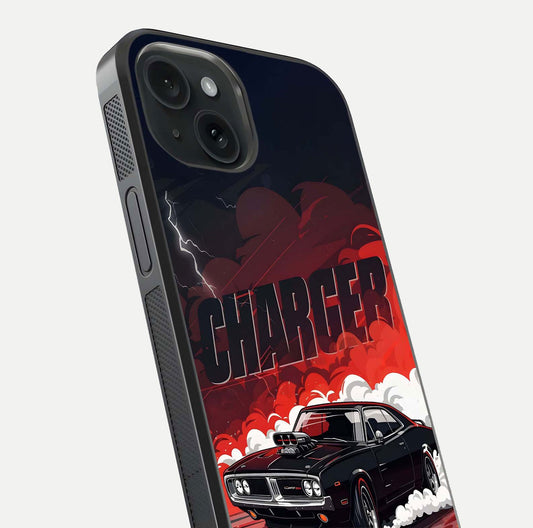 Dark Charger Fury Glass Case for iPhone 15 close-up highlighting car reflection and light gloss