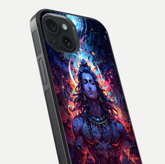 Divine Fire Shiv Glass Case for iPhone 15 close-up highlighting divine detailing and reflection depth