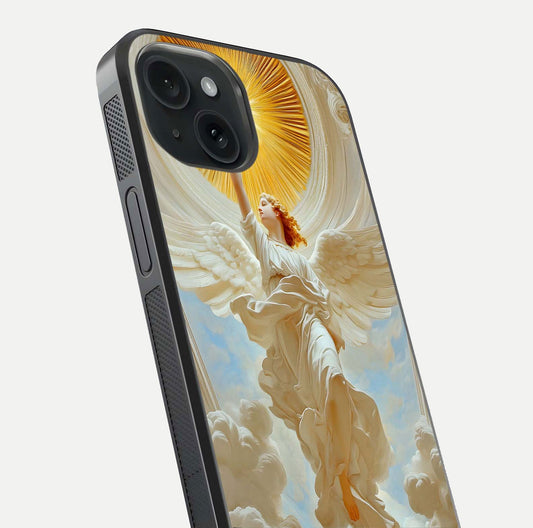 Divine Light Angel Glass Case for iPhone 15 close-up highlighting light rays and glass reflection