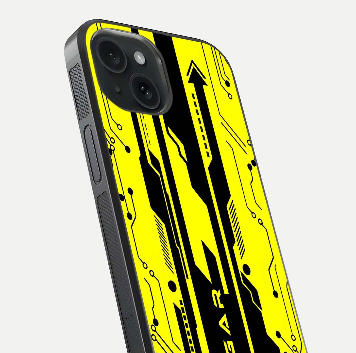 Electric Pulse CYBERPUNK Custom Name Glass Case for iPhone 15 close-up highlighting tech pattern, lighting effect, and reflection shine