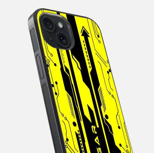 Electric Pulse CYBERPUNK Custom Name Glass Case for iPhone 15 close-up highlighting tech pattern, lighting effect, and reflection shine