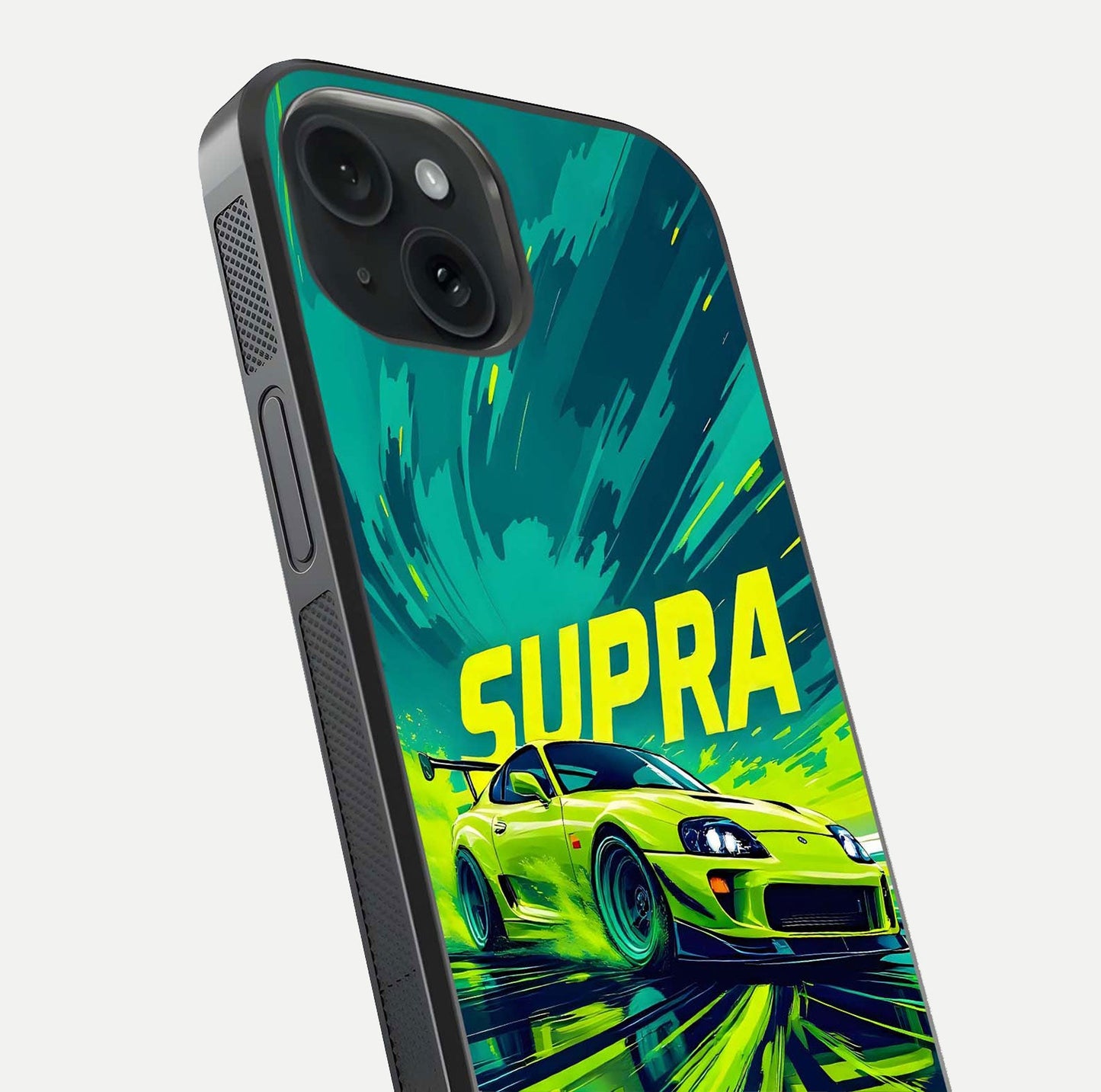 Electric Supra Thunder Glass Case for iPhone 15 close-up highlighting car reflection, neon tones, and gloss polish