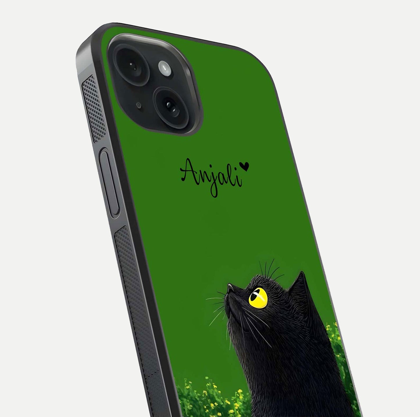 Emerald Cat Custom Name Glass Case for iPhone 15 close-up highlighting feline detail, emerald hues, and reflection polish