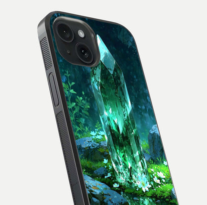 Emerald Light Crystal Glass Case for iPhone 15 close-up highlighting crystal texture and reflection glow