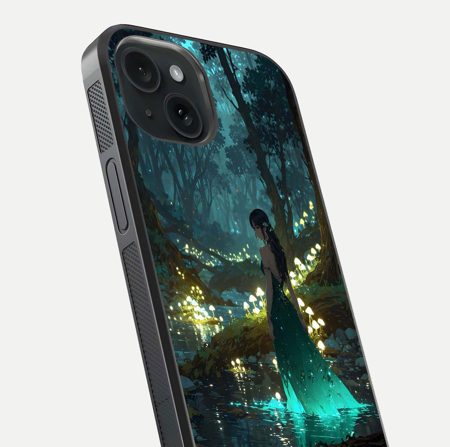 Enchanted Forest Glow Glass Case for iPhone 15 close-up highlighting trees, lights, and reflection texture