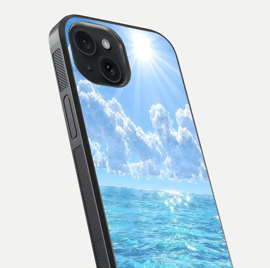 Endless Ocean Horizon Glass Case for iPhone 15 close-up highlighting water texture and reflection shine