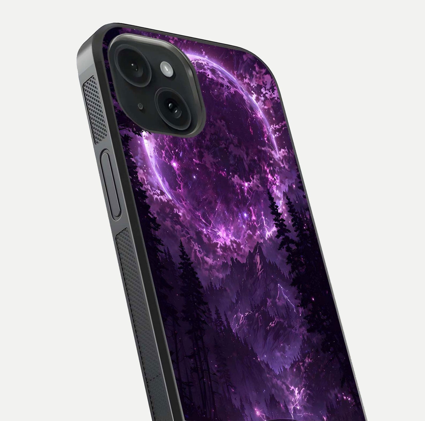 Eternal Cosmic Drive Glass Case for iPhone 15 close-up highlighting cosmic lights and reflection depth