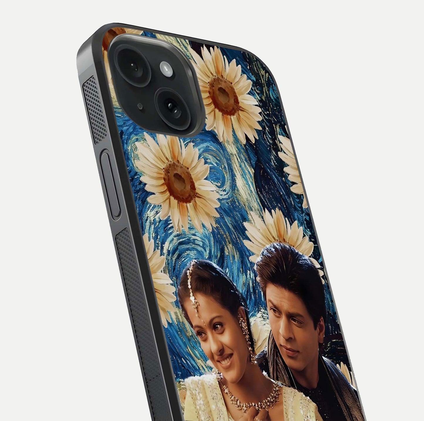 Eternal Love Story Glass Case for iPhone 15 close-up highlighting couple detail and light reflection