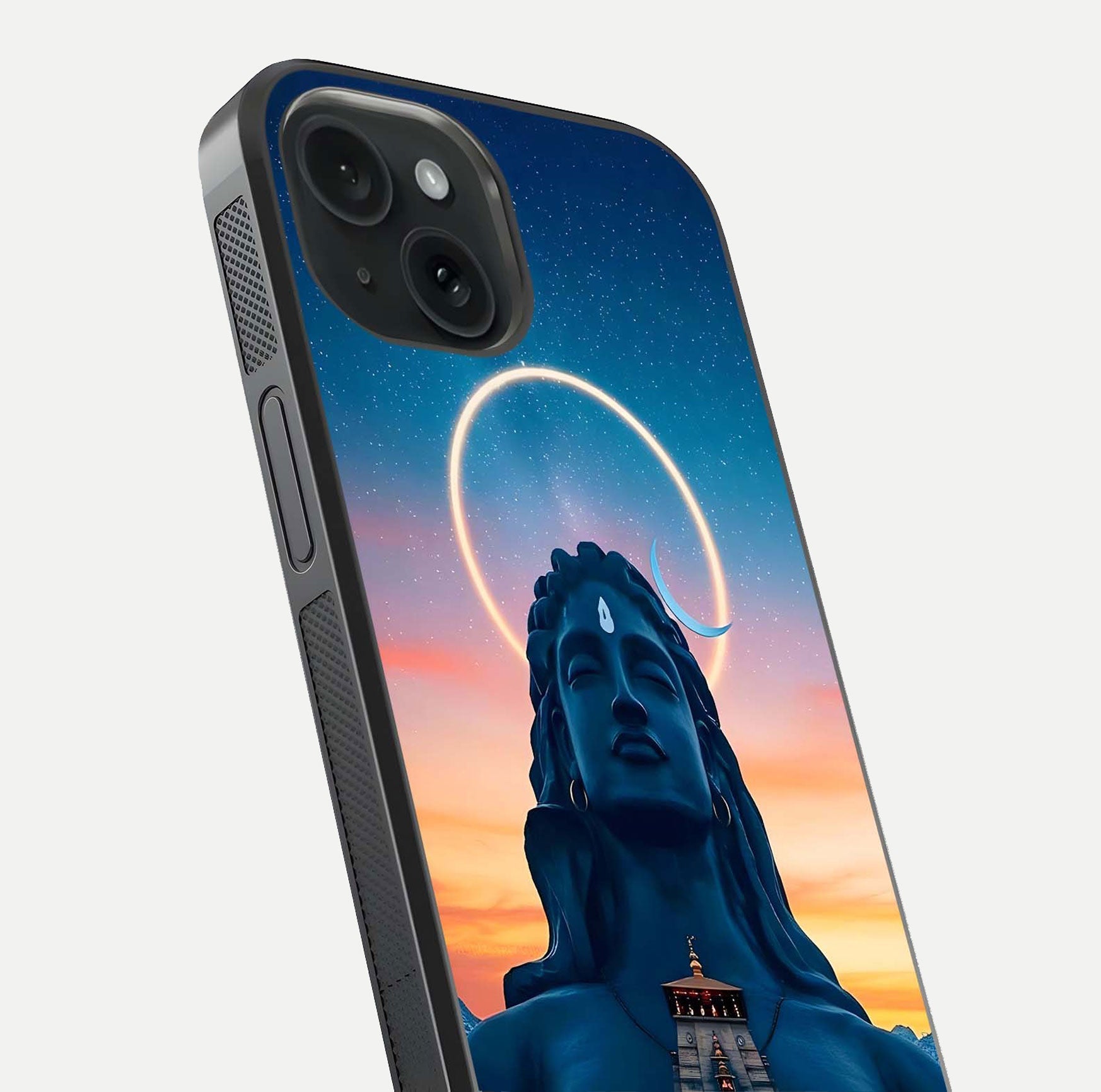 Eternal Shiva Aura Glass Case for iPhone 15 close-up highlighting divine detailing and reflection light
