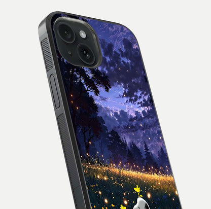 Firefly Meadow Magic Glass Case for iPhone 15 close-up highlighting luminous firefly light and reflection detail