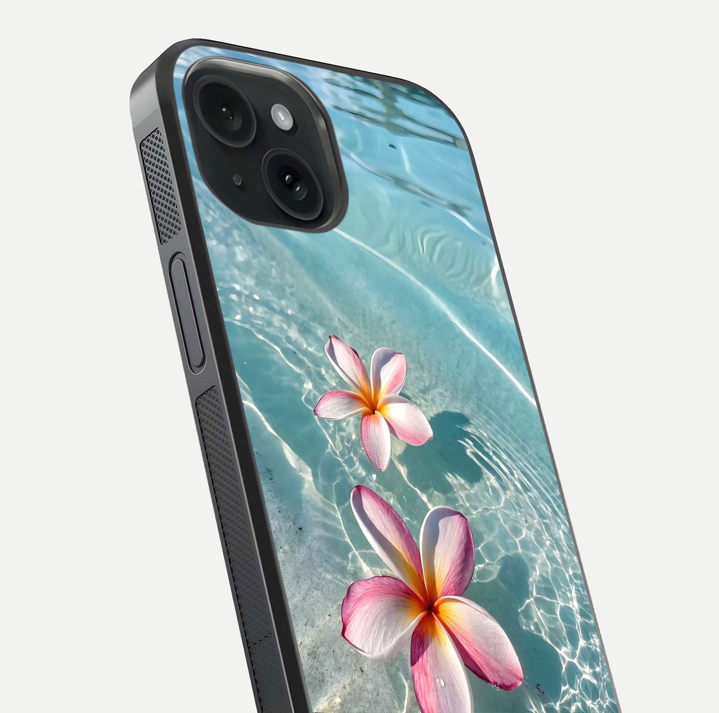 Floating Bloom Bliss Glass Case for iPhone 15 close-up highlighting petal detail and reflection tone