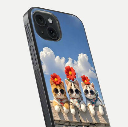 Floral Kitty Squad Glass Case for iPhone 15 close-up highlighting cat detail and flower patterns with HD shine