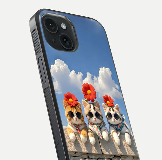Floral Kitty Squad Glass Case for iPhone 15 close-up highlighting cat detail and flower patterns with HD shine