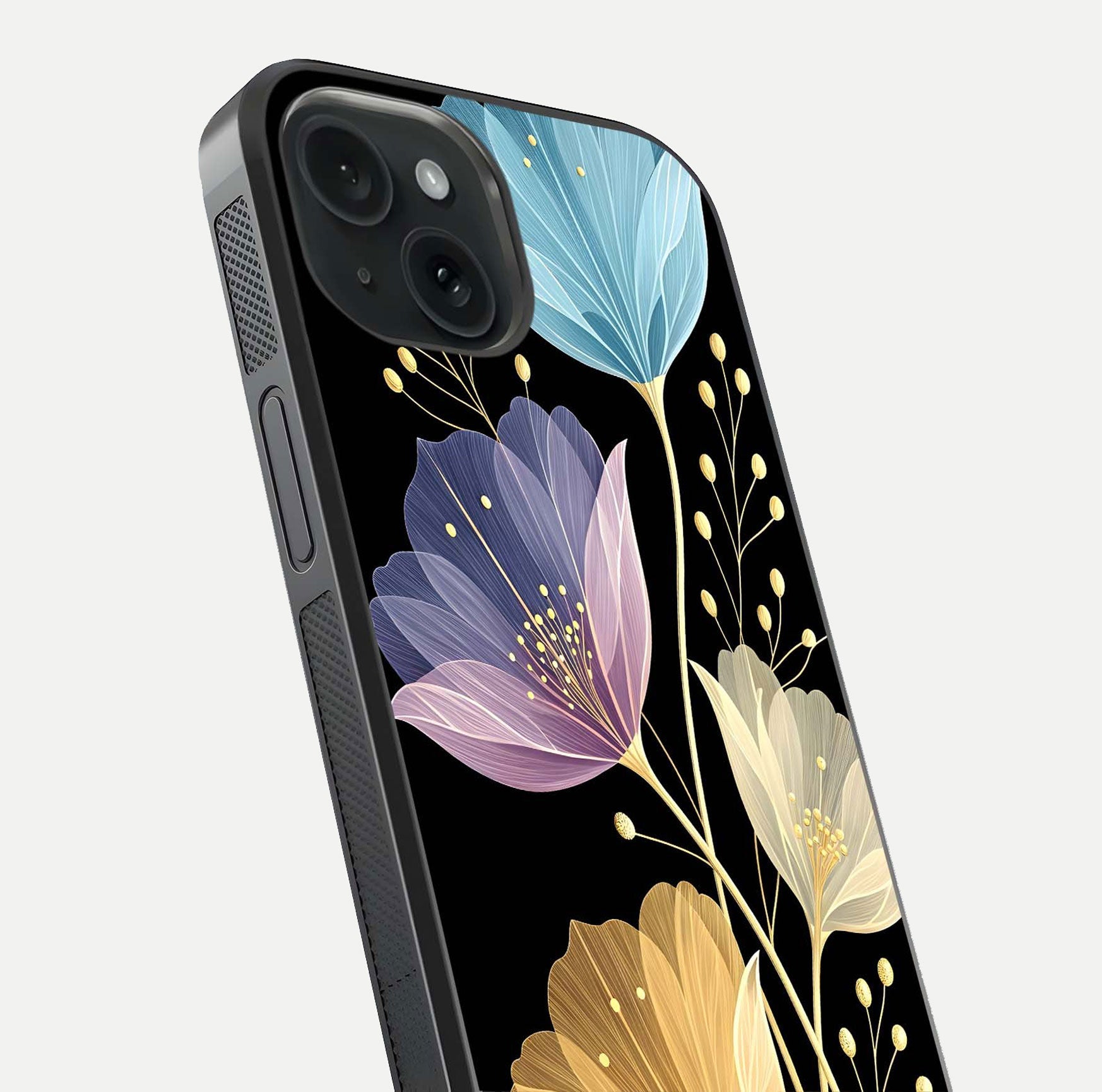 Flower Bloom Glow Glass Case for iPhone 15 close-up highlighting bloom detail and reflection polish