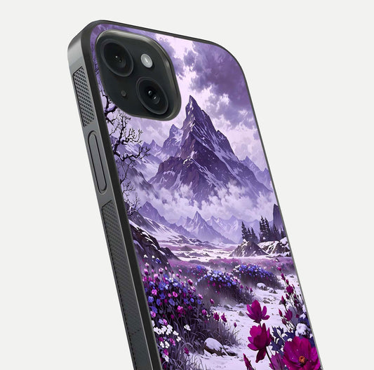 Flower Mountain View Glass Case for iPhone 15 close-up highlighting petal details and sky reflection