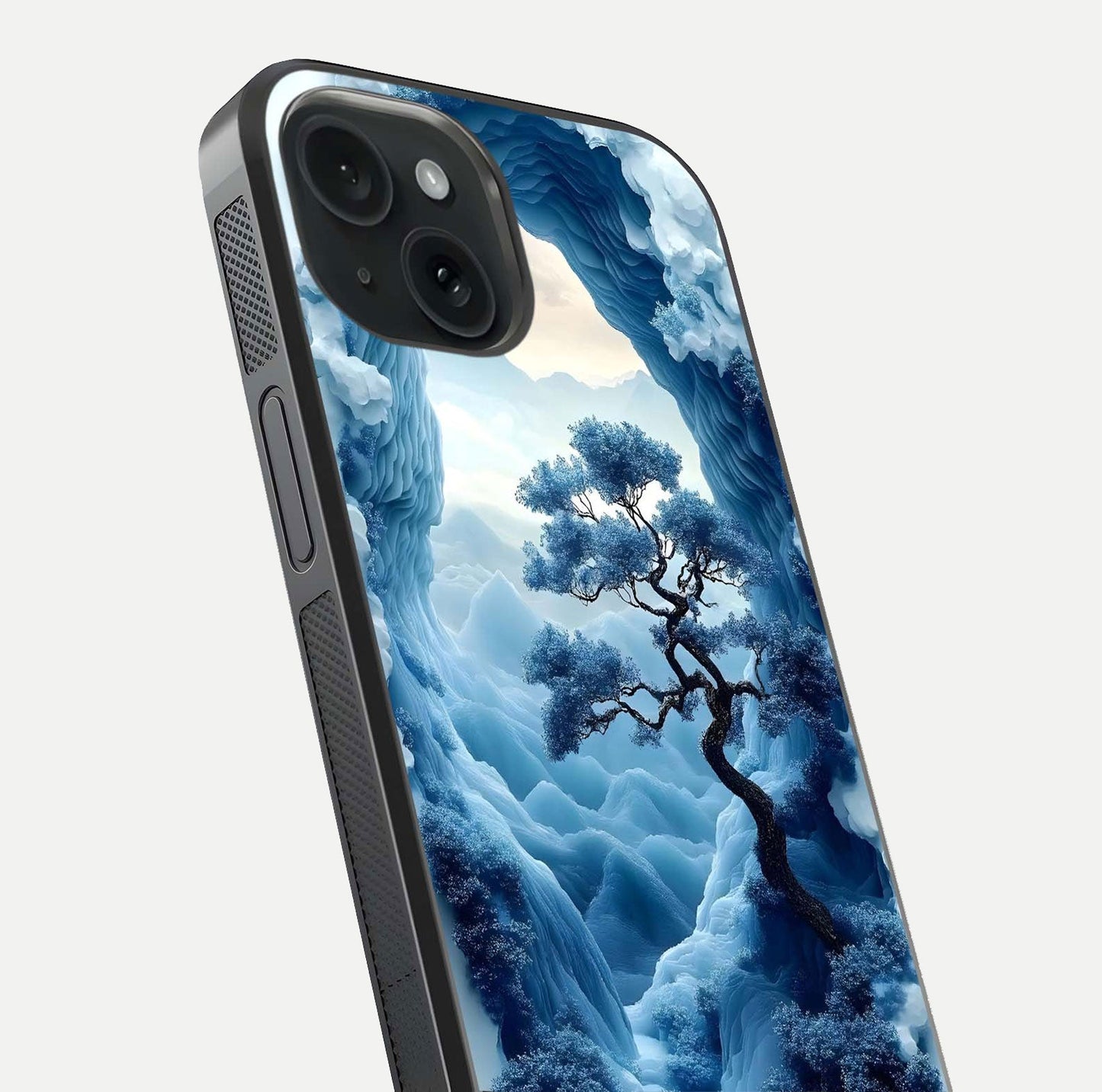 Frozen Serenity Gate Glass Case for iPhone 15 close-up highlighting frosted texture and reflection tone