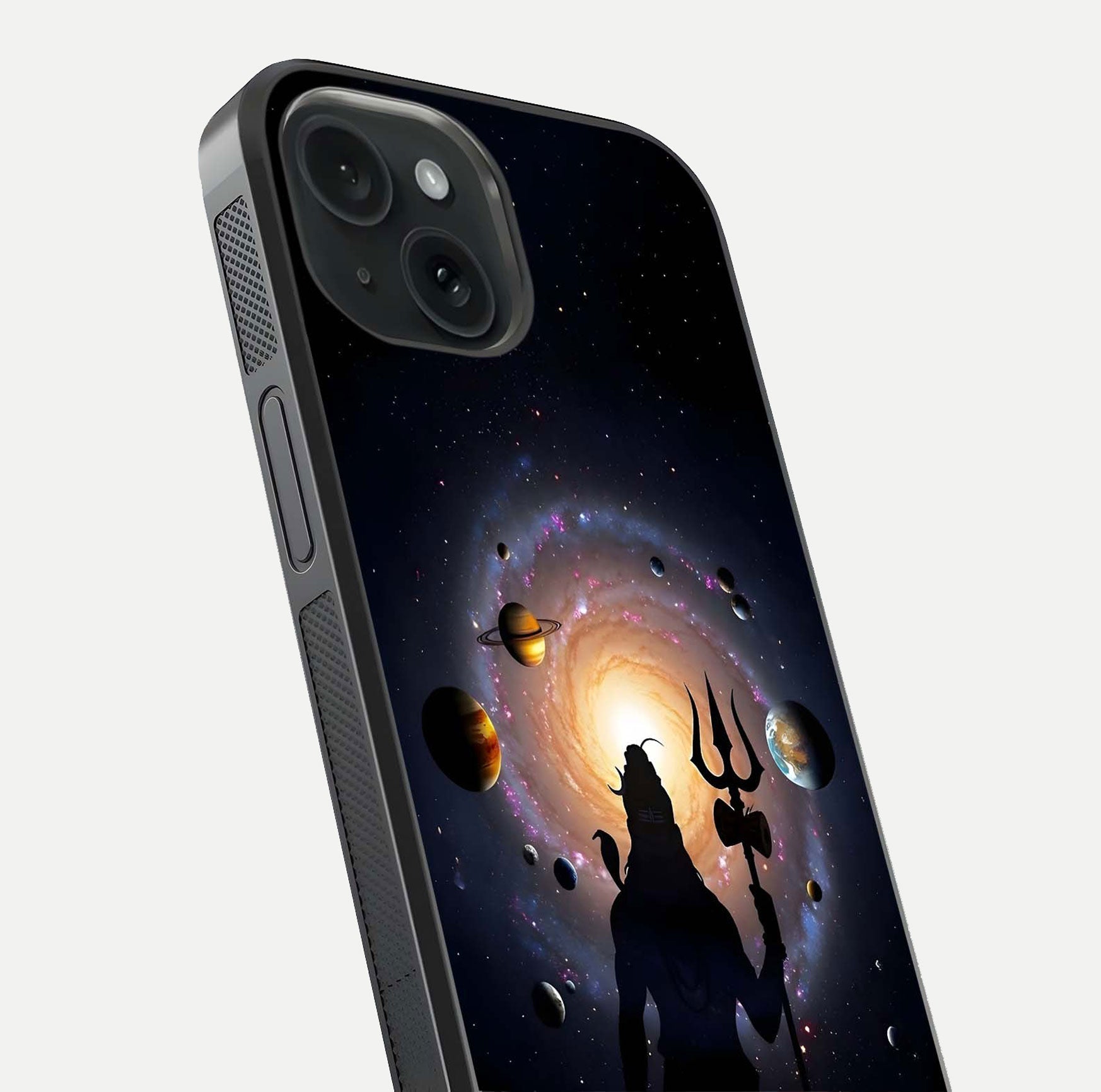 Galactic Shiva Vision Glass Case for iPhone 15 close-up angled shot highlighting divine aura, trident details, and reflection shine