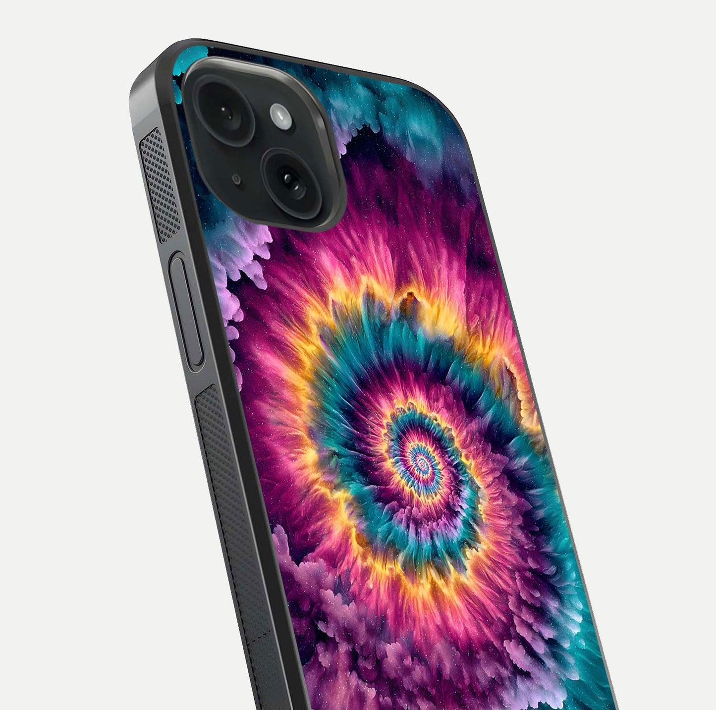 Galactic Spiral Burst Glass Case for iPhone 15 close-up angled shot showing spiral burst detail, neon tones, and glossy reflection
