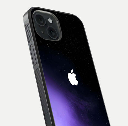 Galaxy Apple Aura Glass Case for iPhone 15 close-up angled shot showing aura lighting and reflection polish