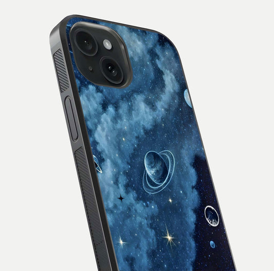 Galaxy Dream Space Glass Case for iPhone 15 close-up angled shot highlighting nebula details and reflection shine