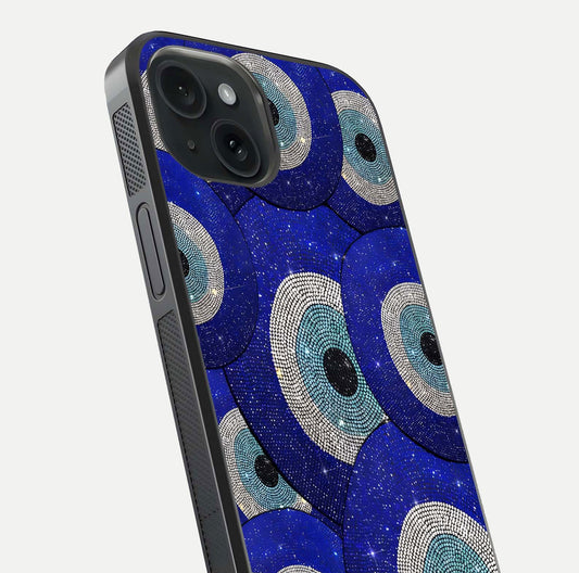 Galaxy Eye Flow Glass Case for iPhone 15 close-up angled shot showing vivid swirl detail and reflection brightness