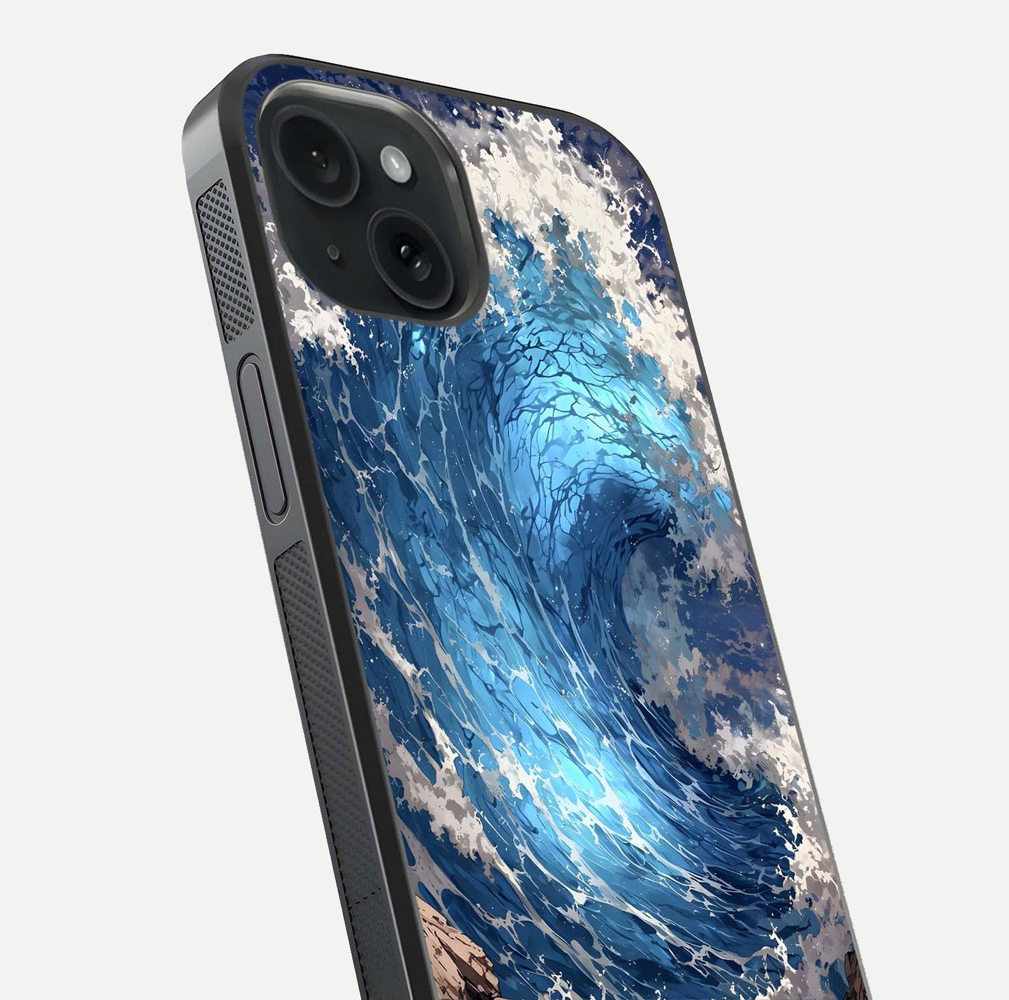 Giant Ocean Wave Glass Case for iPhone 15 close-up angled shot showing wave texture and water reflection shine