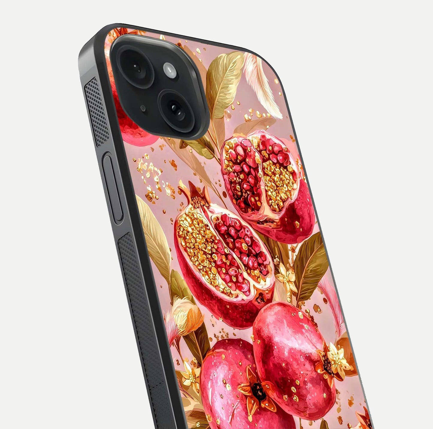Golden Bloom Glow Glass Case for iPhone 15 close-up angled shot showing metallic tones and reflection brilliance
