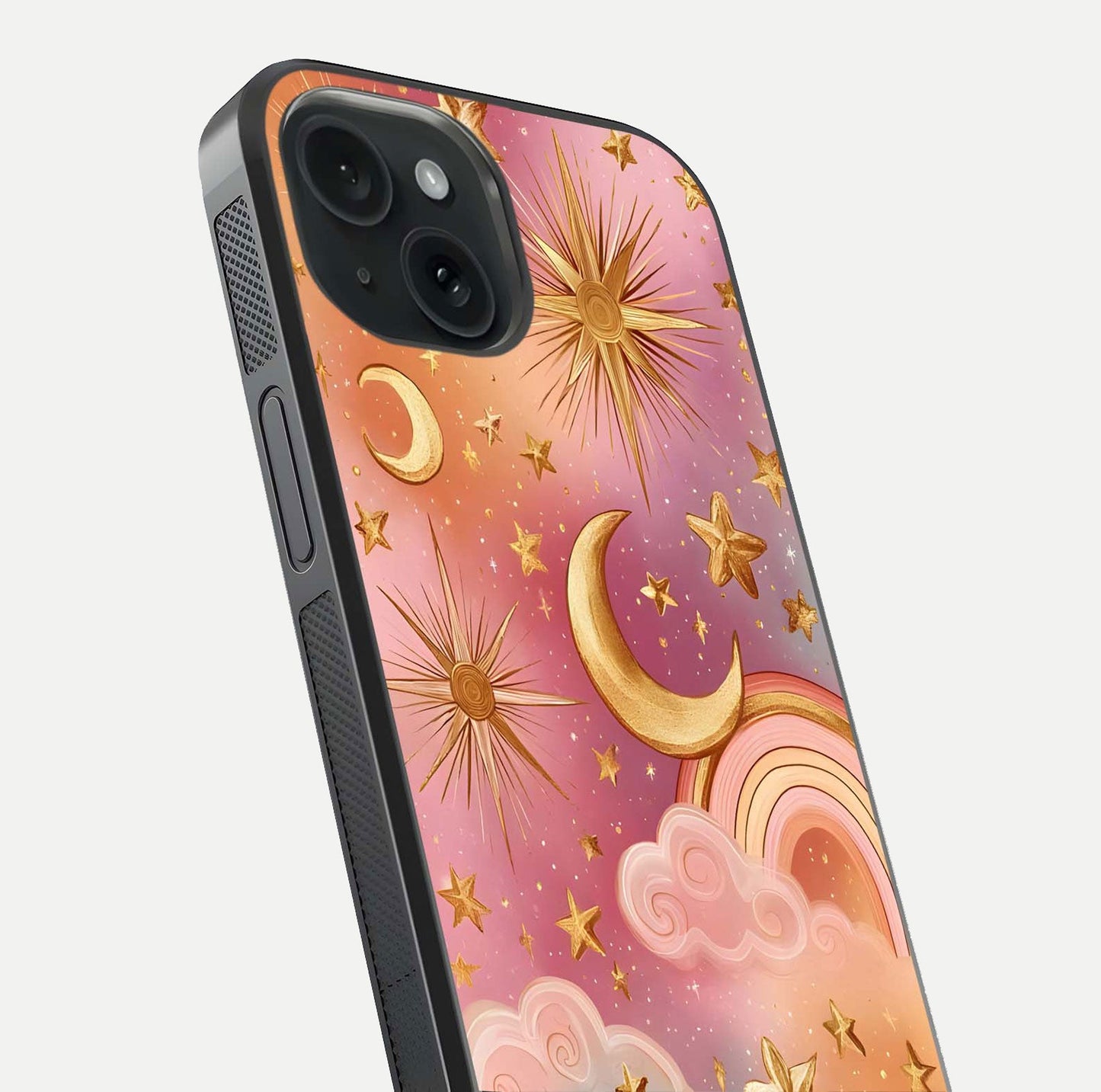 Golden Celestial Dreams Glass Case for iPhone 15 close-up angled shot showing cosmic gold tones and reflection shine
